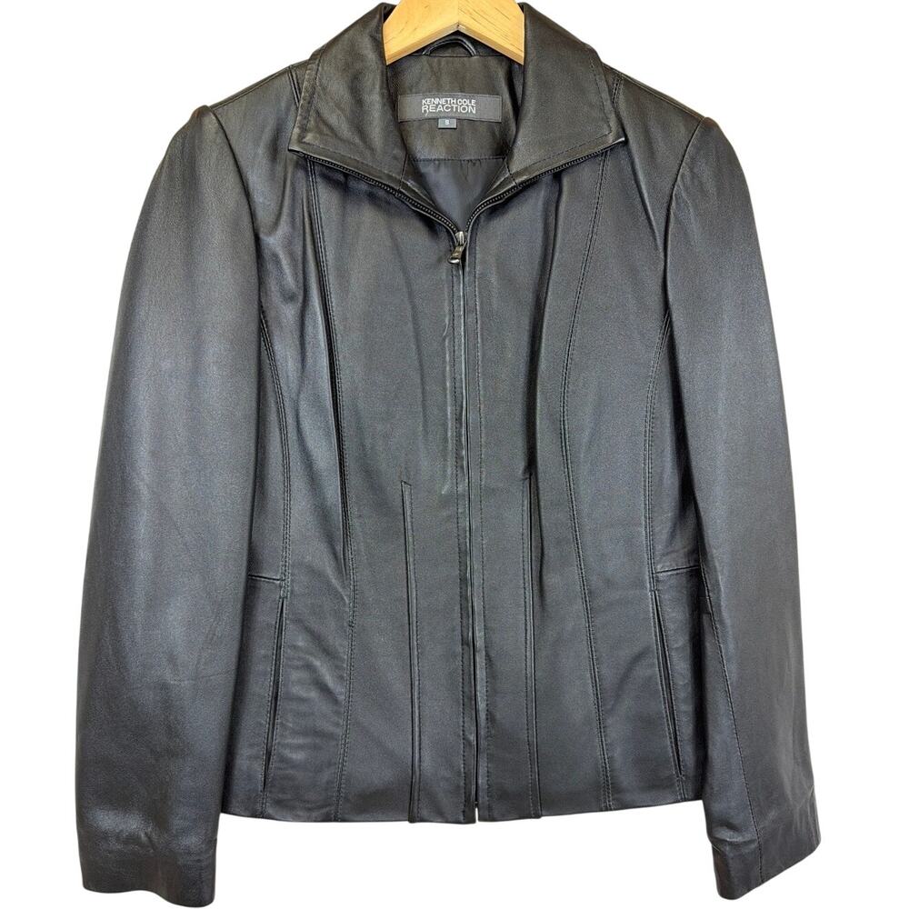 Kenneth Cole Reaction Black Leather Zip Up Detail Lines Jacket Size S